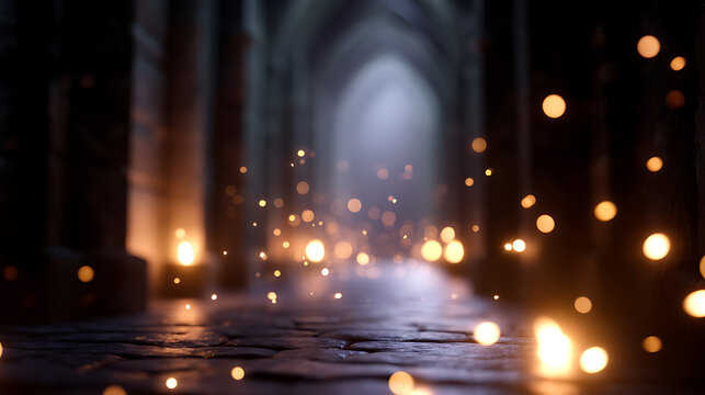 An atmospheric shot of an old hallway with light bokeh particles, perfect for a mysterious background
