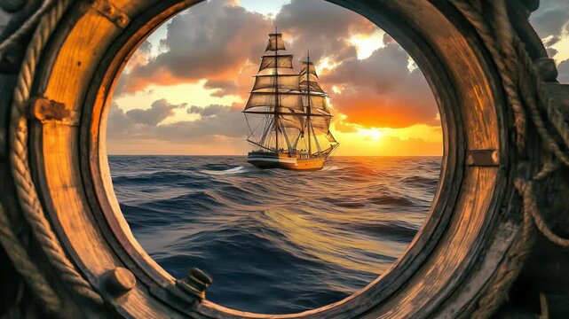 Historic galleon sails across wavy ocean as seen through wooden ship window during dramatic voyage
