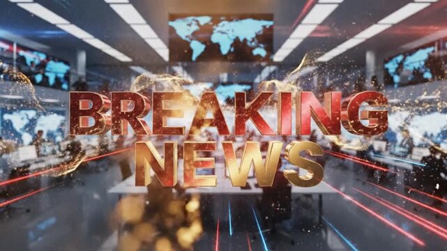 Breaking news graphic with 3D text and world maps on screens in a modern newsroom with a dynamic and urgent mood.
