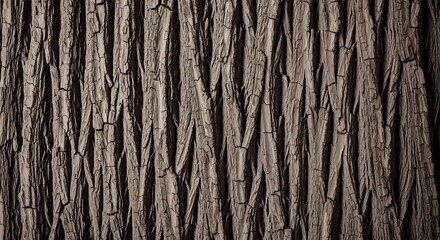 Flat lay of vertical tree trunk bark with deep natural grooves and subtle cracks, repeating organic texture pattern