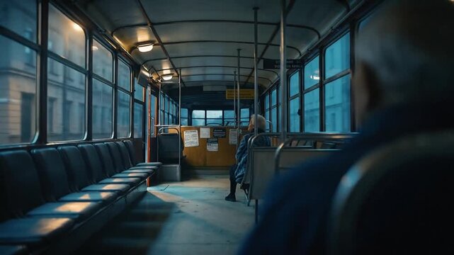 A solitary figure waits inside an empty public transportation vehicle at dusk