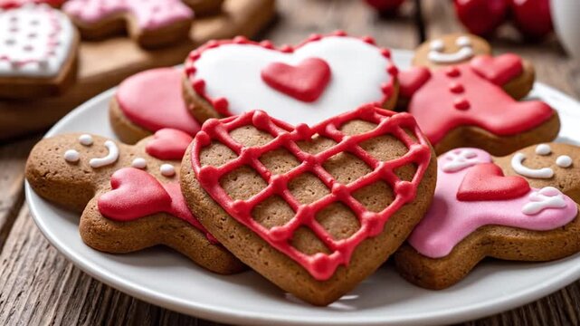 Assorted heart and gingerbread cookies with colorful icing on plate