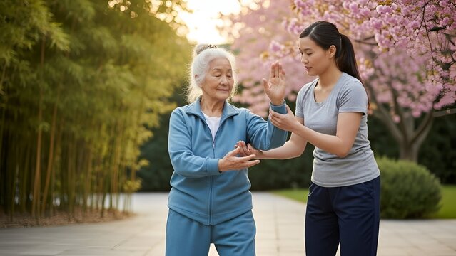 Young woman assisting an elderly lady with tai chi exercise outdoors near blooming trees