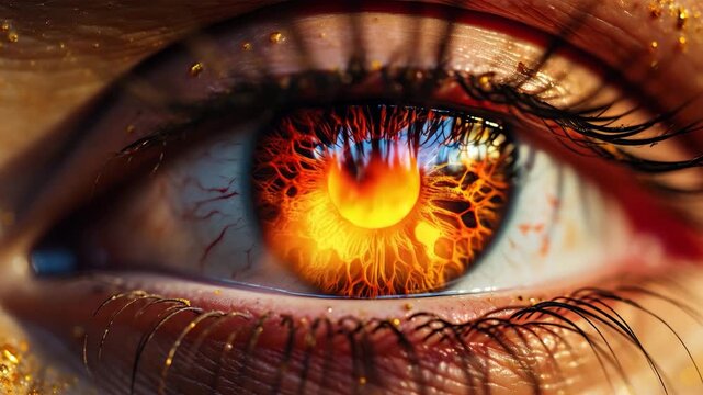 Fiery eye close-up with glowing iris
