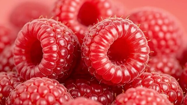 A mesmerizing macro close-up shot captures the vibrant, rich red color and intricate texture of a pile of fresh, ripe raspberries. The shallow depth of field gently blurs the background, drawing atten