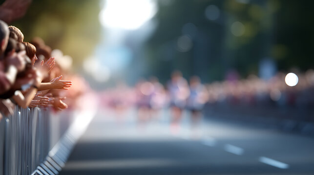 Enthusiastic crowd cheering a marathon along the street and celebrating