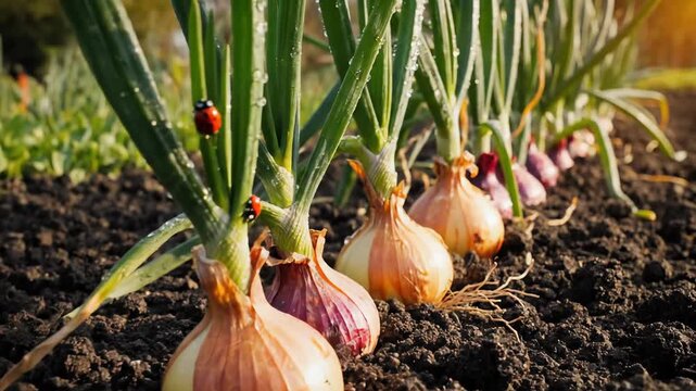 Close-up of fresh red and yellow onions growing in dark soil with ladybugs on leaves