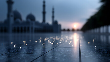 A mosque illuminated against the twilight sky, with soft lights in the foreground, creating a serene and spiritual atmosphere
