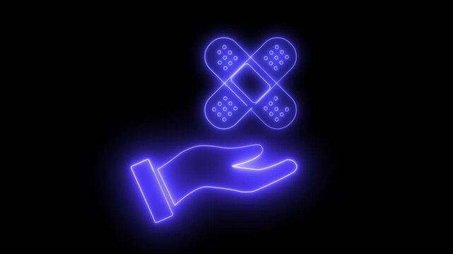 Neon light effect animation of an icon of a hand holding a pair of bandages in a cross shape