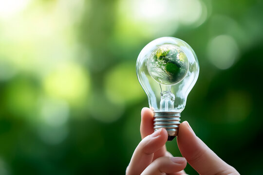 A hand holding a light bulb that contains a miniature globe, symbolizing environmental awareness and sustainable energy.