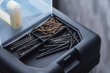 Organizer box with assorted wood screws in compartments for home repair and DIY projects.