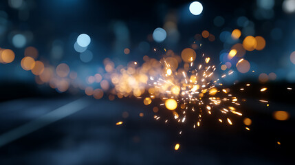 Sparkling, fiery particles dance against a blurred urban backdrop, evoking a sense of industrial energy and dynamic movement. The vibrant bokeh lights create a captivating visual effect.
