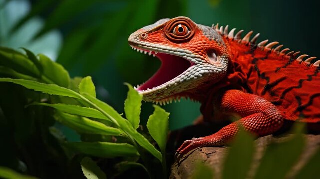 Colorful reptile showing aggression on leaf