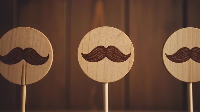 Five wooden circles with mustache drawings on sticks.