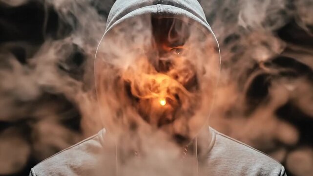 Mysterious person enveloped in smoke with glowing eyes, abstract and intriguing
