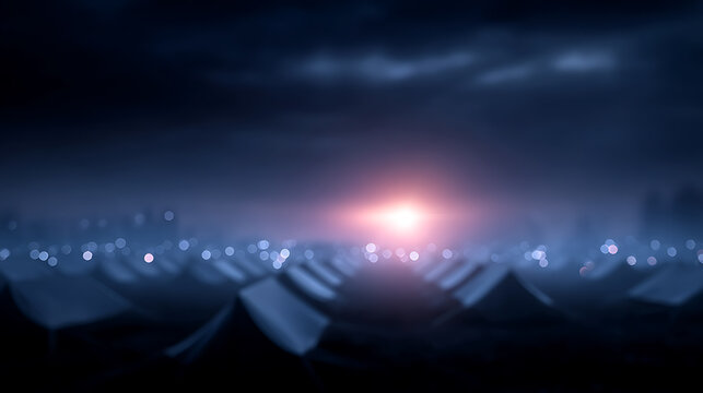 A dramatic view of many tents illuminated at dusk, suggesting a gathering or encampment. A central bright light adds a focal point and intrigue