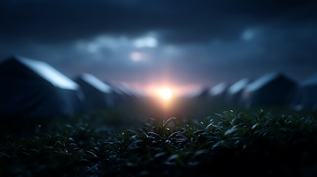 Mystical dawn rising over a field of grave markers, evoking a sense of solemnity and remembrance. The scene is bathed in a serene, ethereal glow