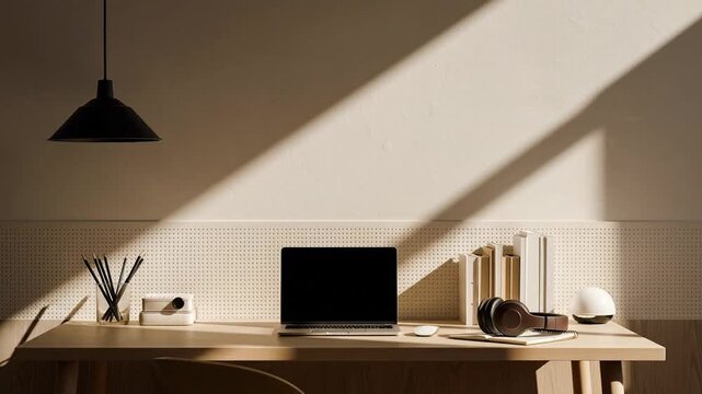 A serene desk setup with a laptop, books, and headphones bathed in warm sunlight, creating a productive and calming workspace