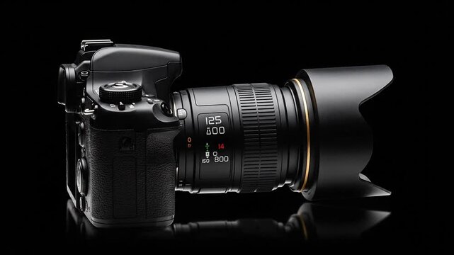 Professional digital camera with lens for photography on a black background studio shot