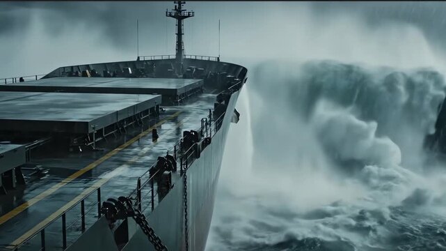 Heavy freighter navigating turbulent dark ocean during a severe storm with massive waves for crisis management concept and business continuity