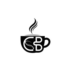 Monochromatic Coffee Cup Logo with Steaming Hot Beverage and Initials.