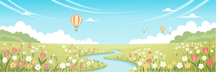 Spring meadow panorama with colorful flowers, winding river, and hot air balloons in the blue sky. Wide vector illustration of a peaceful nature landscape for banners and headers © titis rahmandhanu
