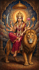 Obraz premium Hindu Goddess Durga sitting on a lion holding divine weapons and lotus flower surrounded by golden spiritual light and temple ornaments