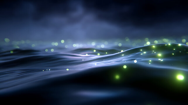 Mysterious and dreamy sea with bioluminescent organisms glimmering in the dark ocean