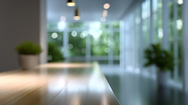 Interior shot of a modern design room with a long table, green plants, and a window in the background. The room feels bright and airy