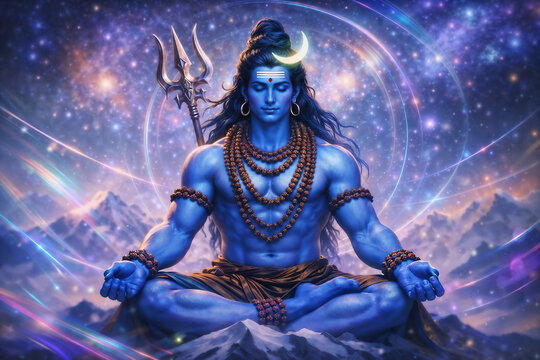 Mahadev in deep meditation under cosmic galaxy aura with sacred trident, third eye symbol and divine spiritual light in mystical mountain space