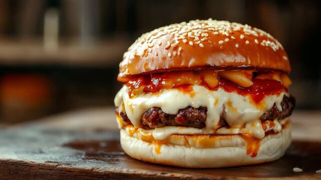 Juicy cheeseburger with melted cheese and sauce
