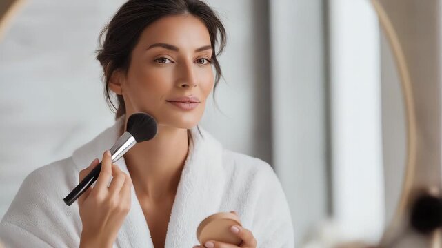 Woman applying foundation makeup with brush in front of mirror for beauty and skincare routine tutorial