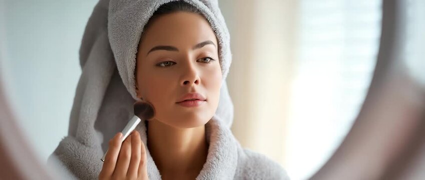 Woman applying foundation makeup with brush in front of mirror for beauty and skincare routine tutorial