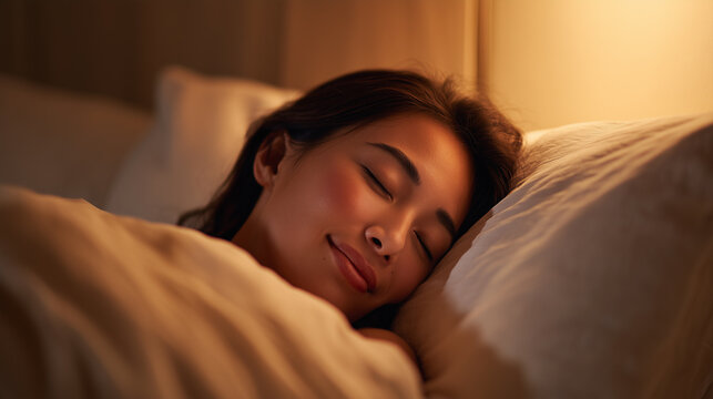 暗い寝室のベッドで布団に包まれて眠る女性の穏やかな寝顔