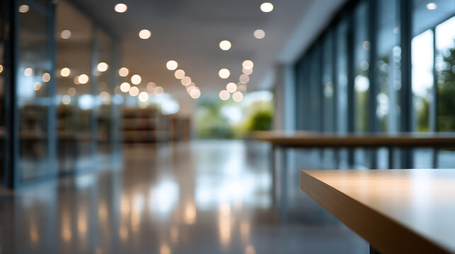 A spacious and modern interior. The blurred view presents a modern office interior with tables and a glossy floor