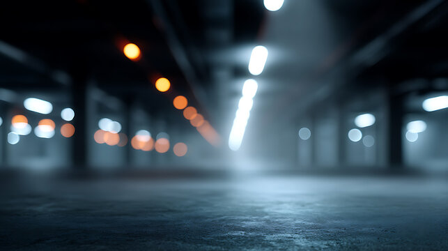 A dimly lit, underground parking garage with bokeh lights. The focus is on the concrete floor, with a blurred background.