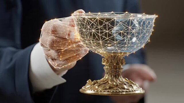 A businessman holding a glowing digital trophy in his hand with a futuristic network connection