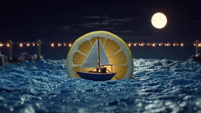 A sailboat navigates through choppy waters at night with a giant lemon slice in the background under a full moon video