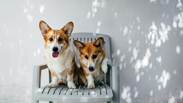 Two adorable Pembroke Welsh Corgi dogs sit together on a white chair, bathed in dappled sunlight