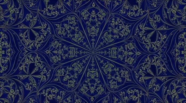 Intricate gothic-inspired ornamental pattern in dark blue and silver, featuring symmetrical filigree and scrollwork motifs.