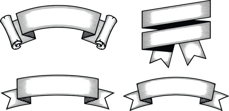Hand drawn engraved vintage ribbon banners and scroll labels vector illustration set