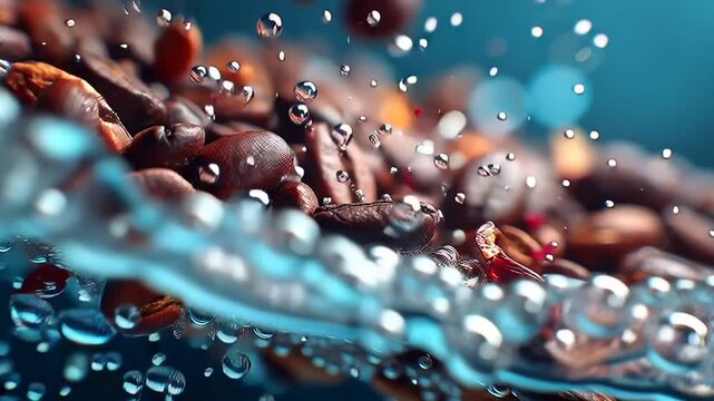 Coffee beans being poured with water in a close-up video of a coffee brewing process
