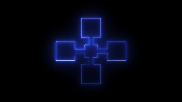 Abstract neon glowing blockchain icon animation on a dark black background