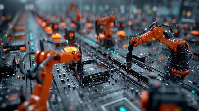 Robotic arms assembling microchips in a high-tech factory video production setting with advanced machinery