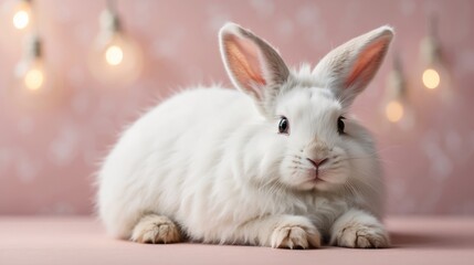 Obraz premium Cute White Bunny Portrait on Soft Pink Pastel Background 