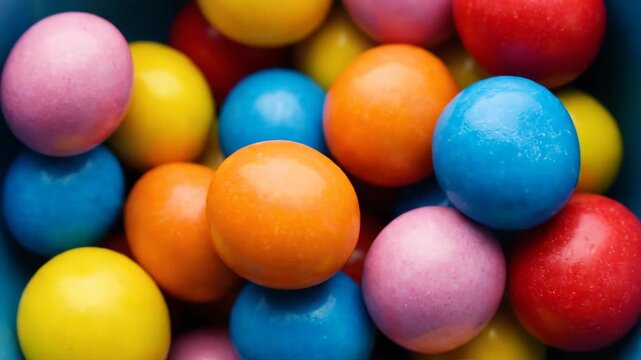 Colorful Gumballs in a Blue Bowl Overhead Shot.