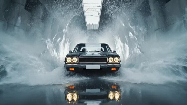 Front view of a vintage car driving through a powerful automatic car wash with water splashing around it