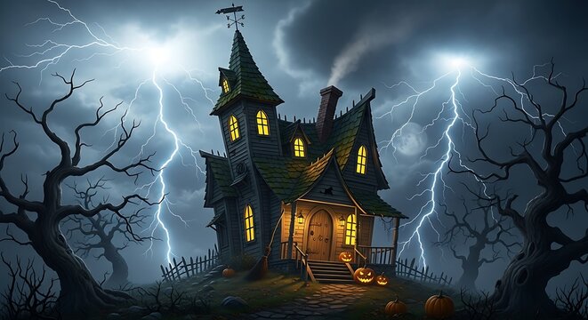 Spooky dilapidated dwelling sits beneath a dramatic, electrically charged nighttime sky