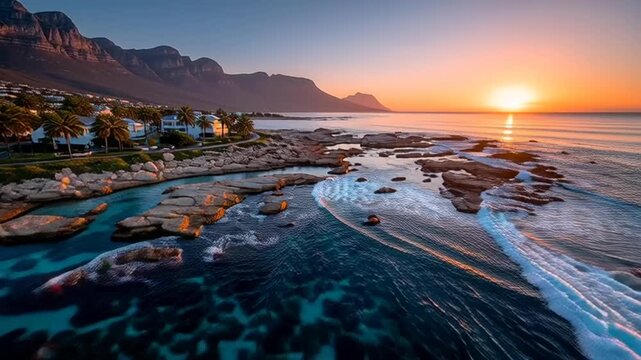 A serene coastal town at sunset, with a mountain range in the background and calm waters lapping at the shore in a peaceful atmosphere.