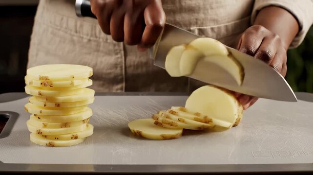 Close-up of hands slicing potatoes into thin rounds on a cutting board for cooking